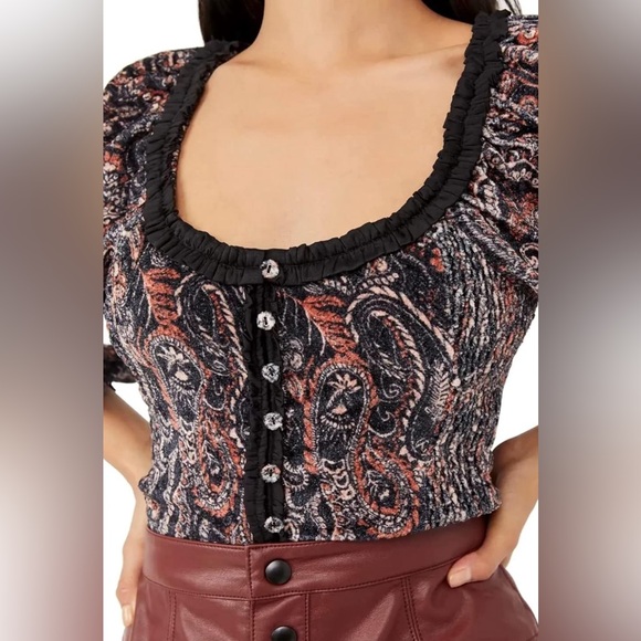 Free People Women’s Dare Me Tie-Back Velvet Blouse Black Combo Small NWOT - Picture 3 of 6
